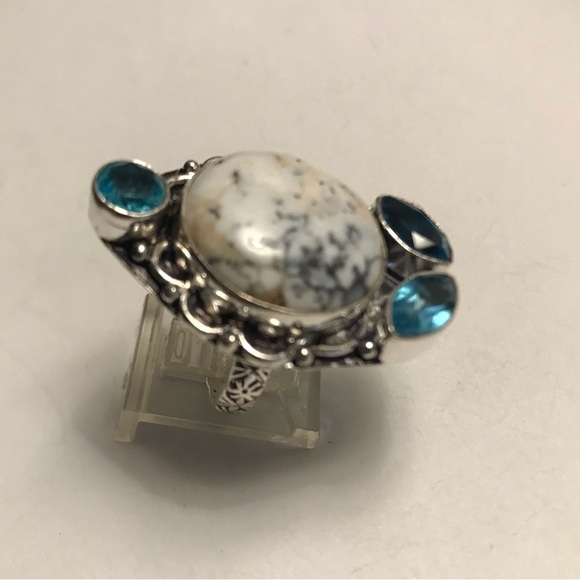 Dendritic Opal Blue Topaz Stamped 925 Sterling Silver Ring